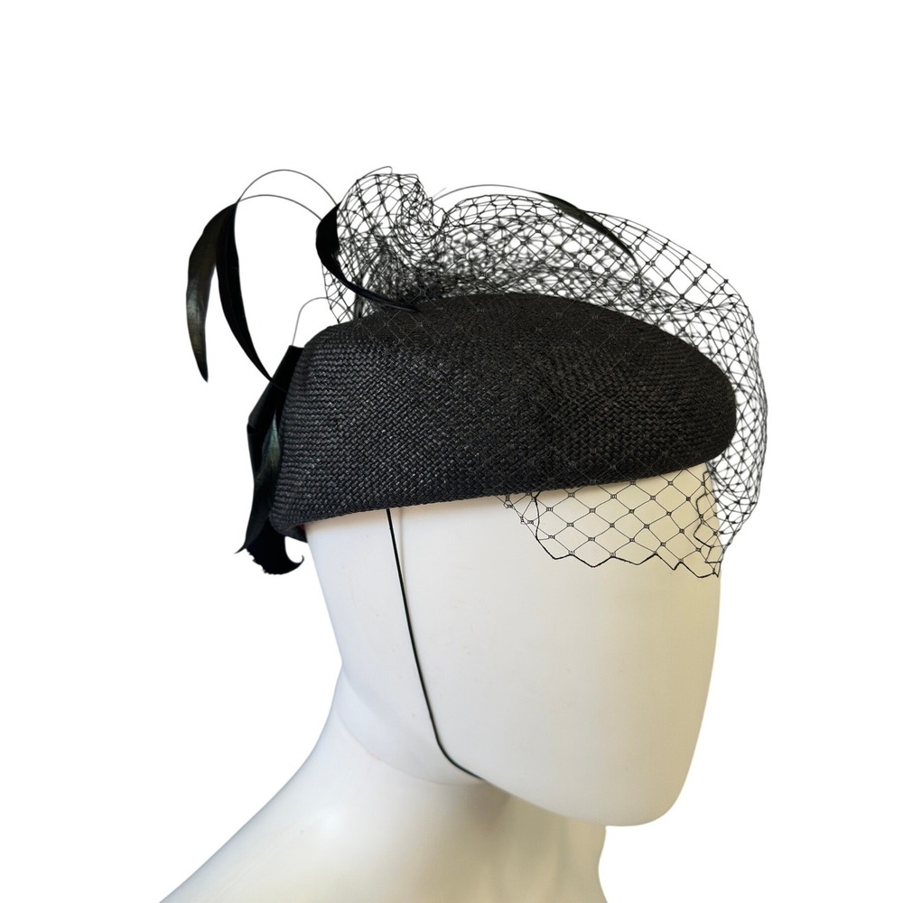 Vintage 50s 60s Georgi Black Pillbox Fascinator Hat Veil Bow Feathers Formal JS